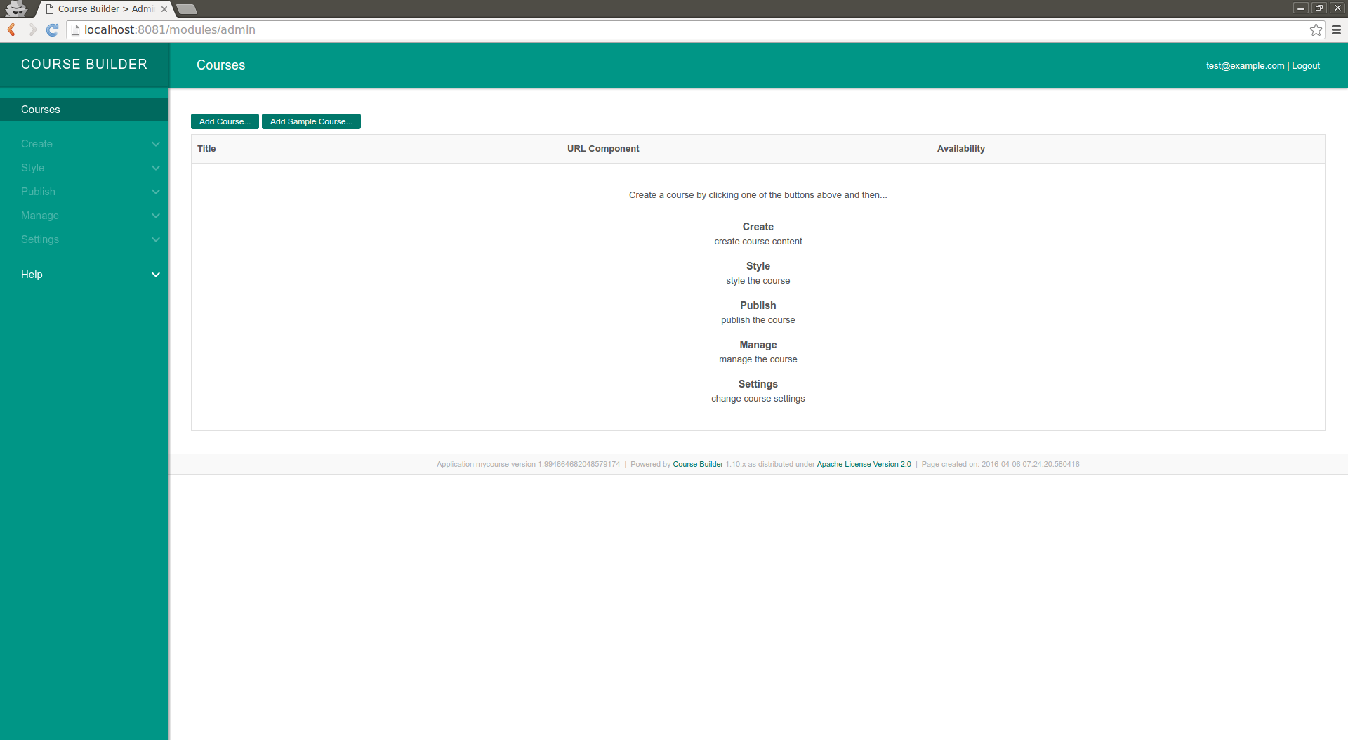 Home page of the Admin. Its empty as of now. It generally lists all the courses otherwise.