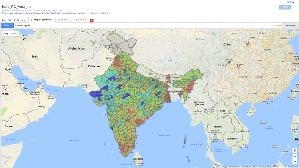 Map of 2014  Parliamentary Election Results overlayed on  Google Maps. The PC boundary files are provided by DataMeet.