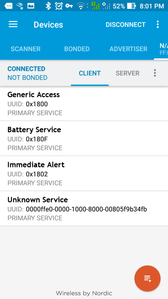 Once connected nRF connect shows all the services available on iTag device