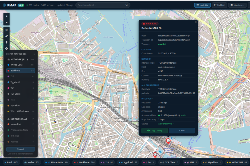 A Reticulum node mapped on Rmap World.