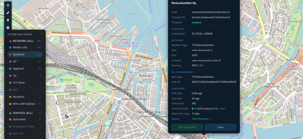 A Reticulum node mapped on Rmap World.