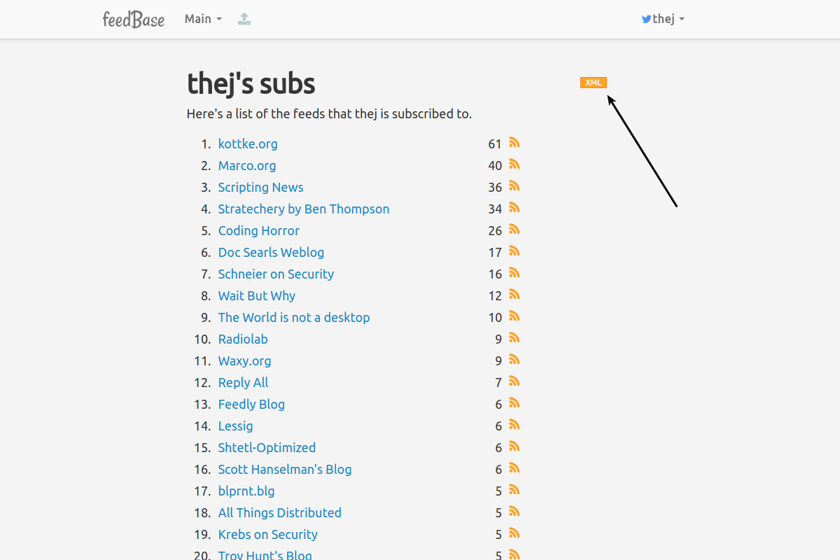 All my subscriptions on feedbase. That big orange button is my subscription OPML.