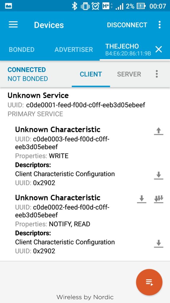 Connect to the Server. Now you can see services and characteristics, and their properties.