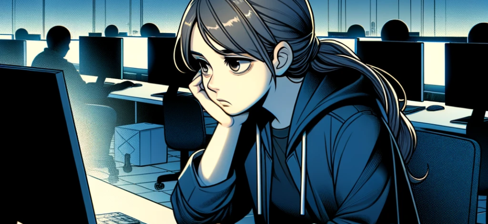 An illustration of a female software engineer, engrossed in her work at night in front of her computer. She looks visibly fatigued, with bags under her eyes and a weary expression on her face. The setting should include several work tables with computers, all unoccupied except for hers. The room should be illuminated only by the light of her computer screen and any other small sources of light, creating a sense of isolation and dedication.