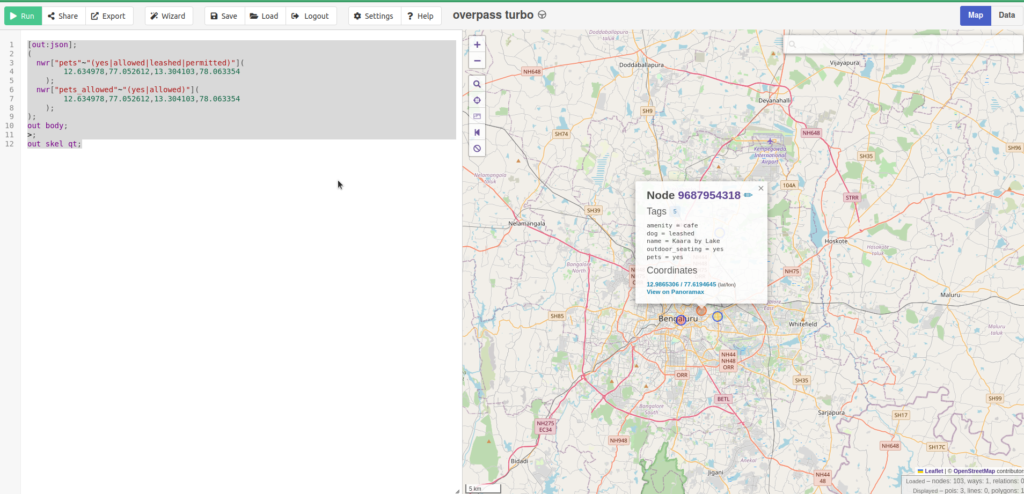 OSM Tubro Query for Pet friendly places in Bengaluru