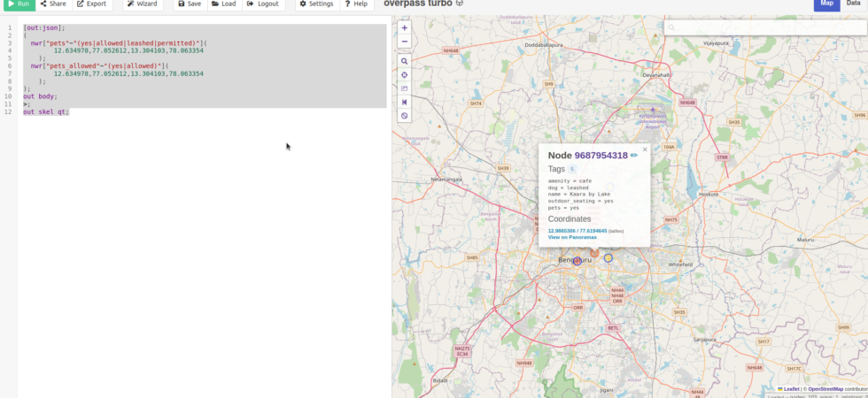 OSM Tubro Query for Pet friendly places in Bengaluru