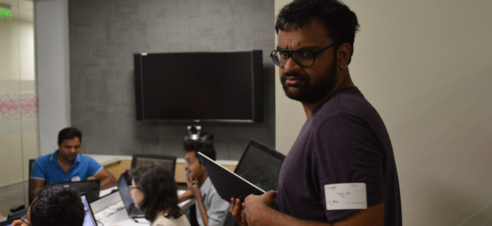 Tejas at ODCBLR2014 at Google Campus with his fake angry face.