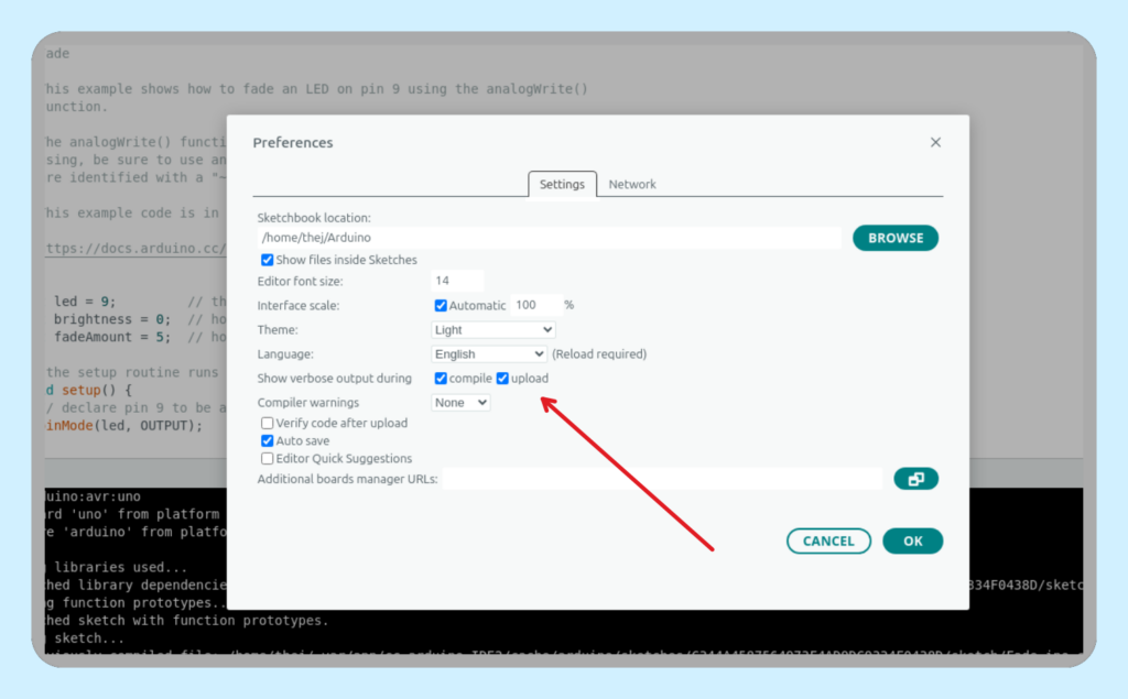 Arduino IDE, Enable Verbose output