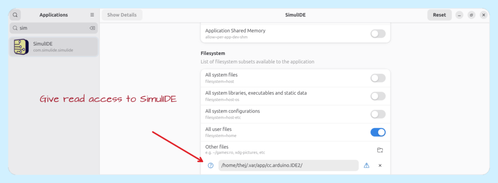 Giving folder access to SimulIDE so it can access the Hex files in Flatseal.